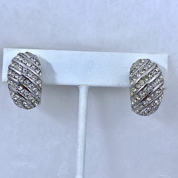 Vintage DIOR Silver Half Circle Rhinestone Clip Earrings - Picture 1 of 4